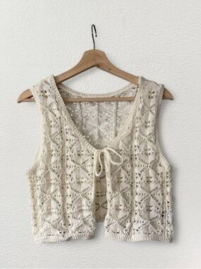 Cream Crochet Knit Tie-Front Vest Top